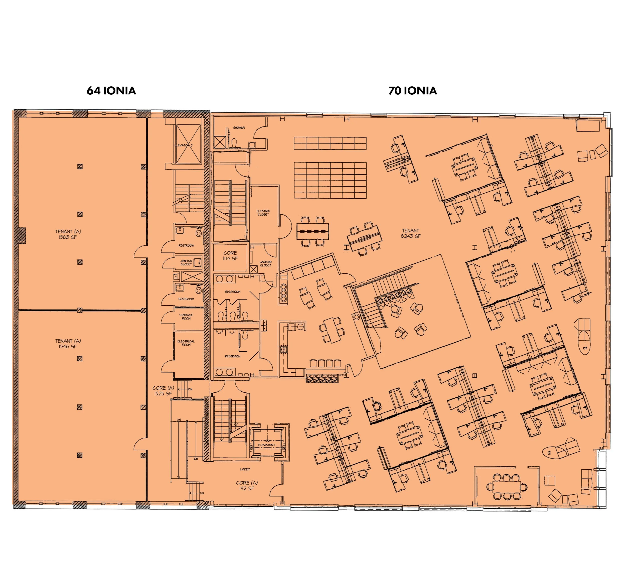Floor plan of an office building showing various tenants, office areas, staircases, elevators, restrooms, storage rooms, and multiple workstations.