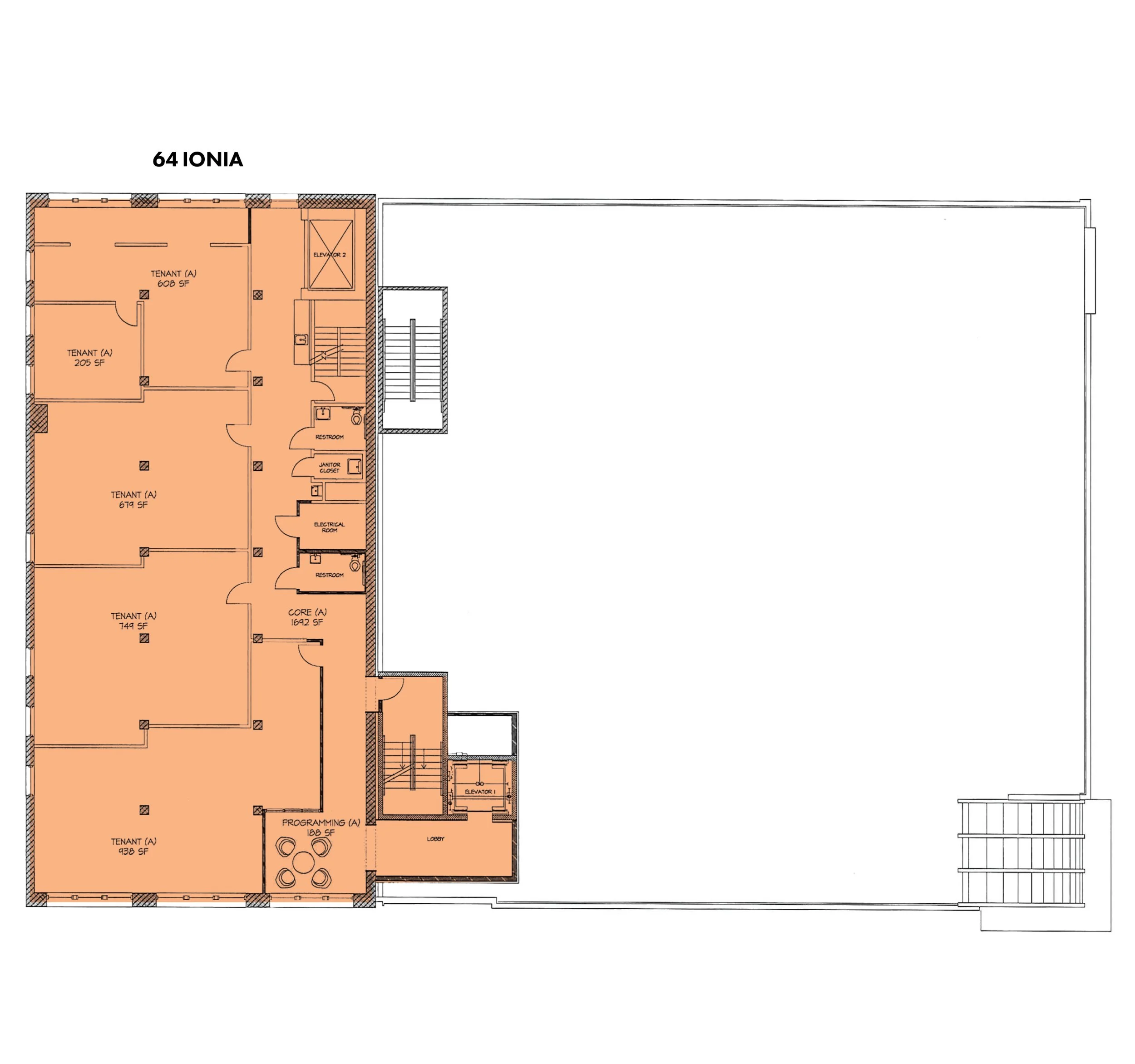 Floor plan of a building with multiple tenant spaces, labeled with their sizes in square feet, including a programming area, restrooms, elevators, and stairwells.