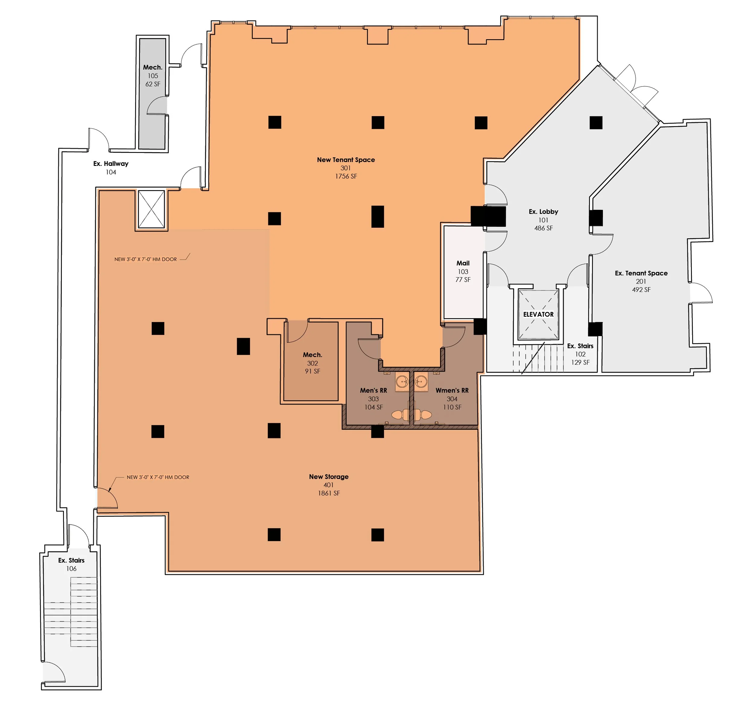 Floor plan of a commercial space with designated tenant areas, mechanical rooms, storage, restrooms, lobby, staircases, elevator, and entrance doors.