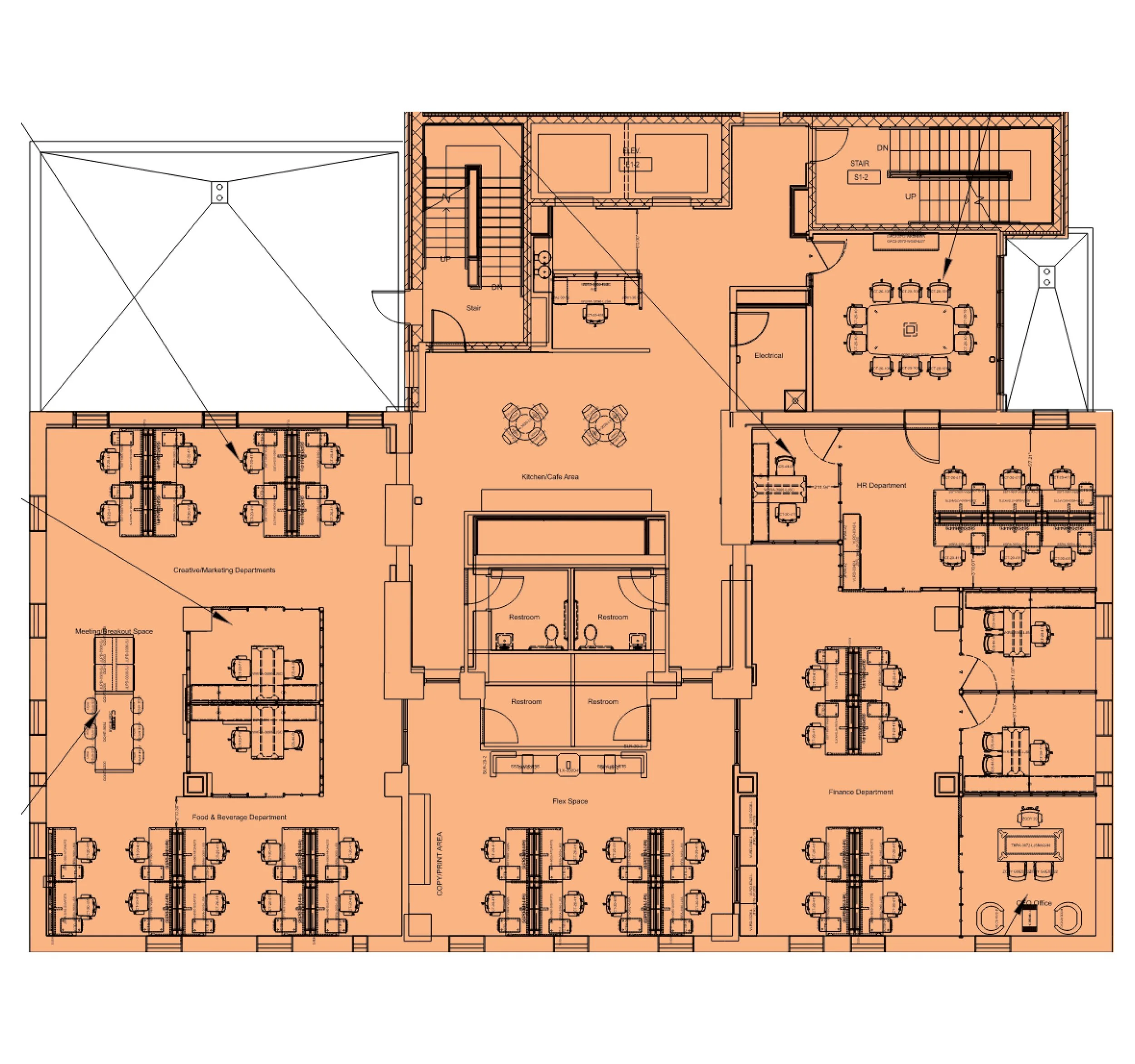 Floor plan of an office with various departments, conference rooms, restrooms, kitchen, and common areas, drawn in a technical blueprint style.