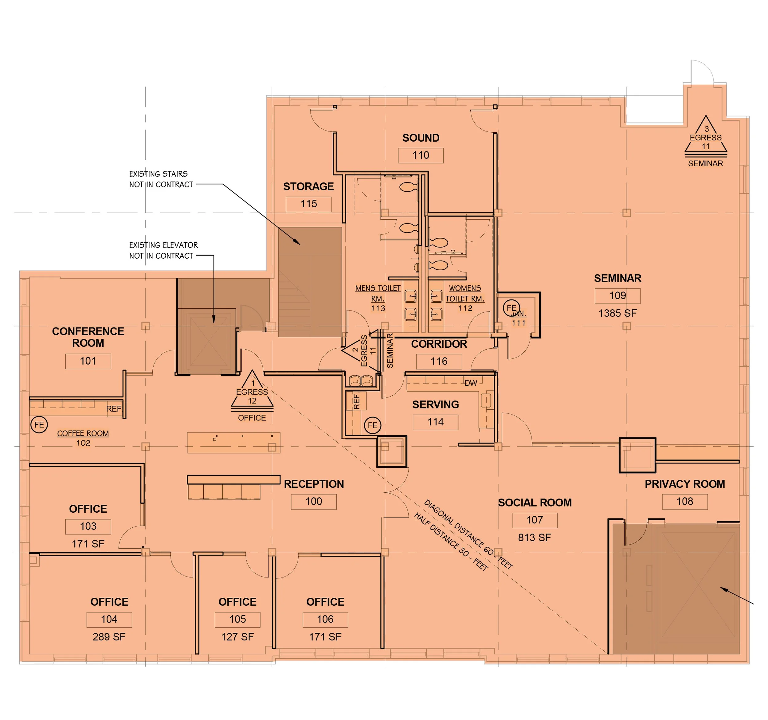 Floor plan of an office building with labeled rooms including conference room, multiple offices, reception, social room, privacy room, serving area, seminar rooms, sound, storage, and restrooms for men and women; with annotations of existing stairs, elevator, and fire exits.