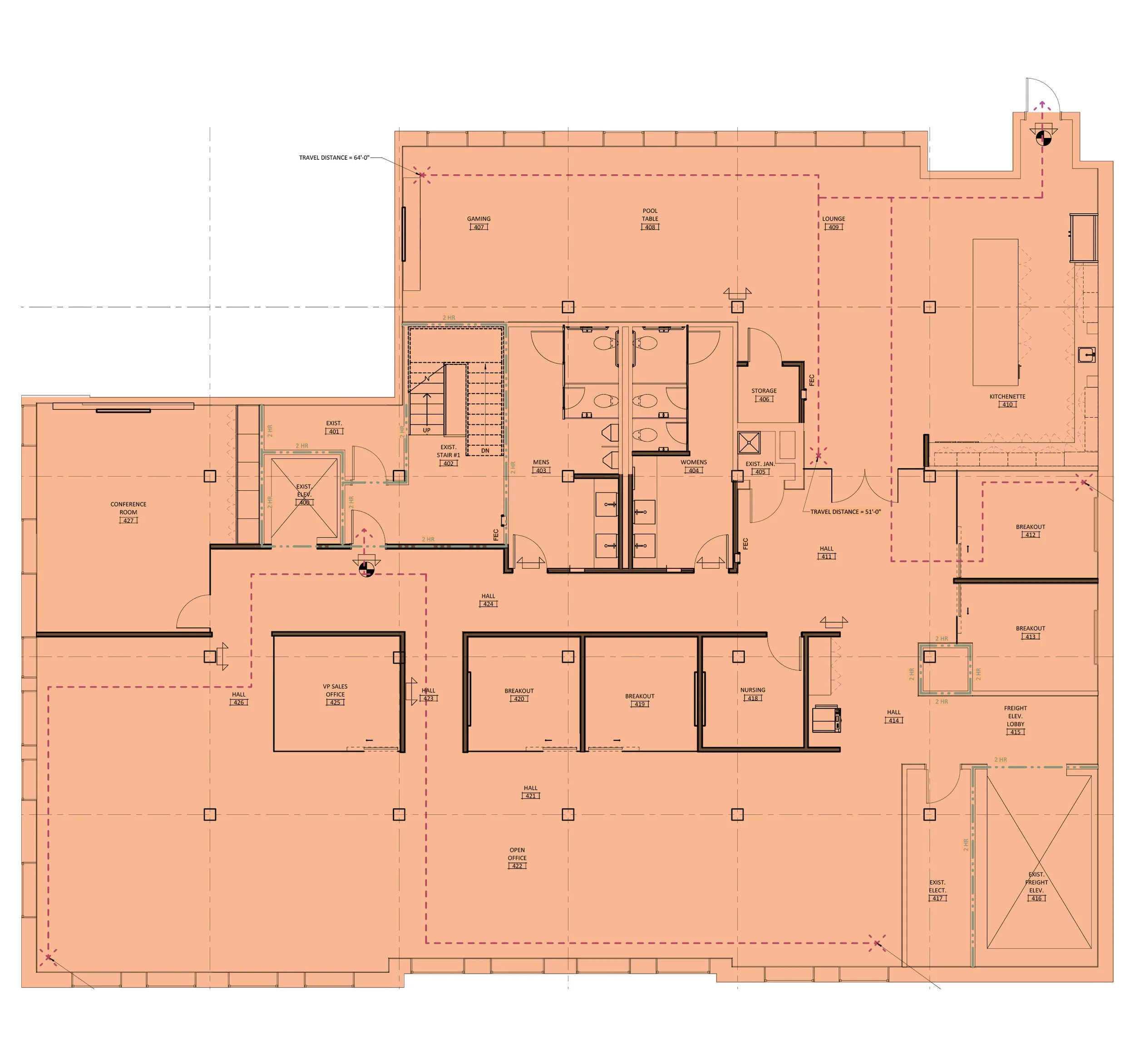 Detailed architectural floor plan of a large building with various rooms labeled, including conference room, offices, restrooms, storage, breakouts, nursing, kitchenette, lounge, and lobby areas.