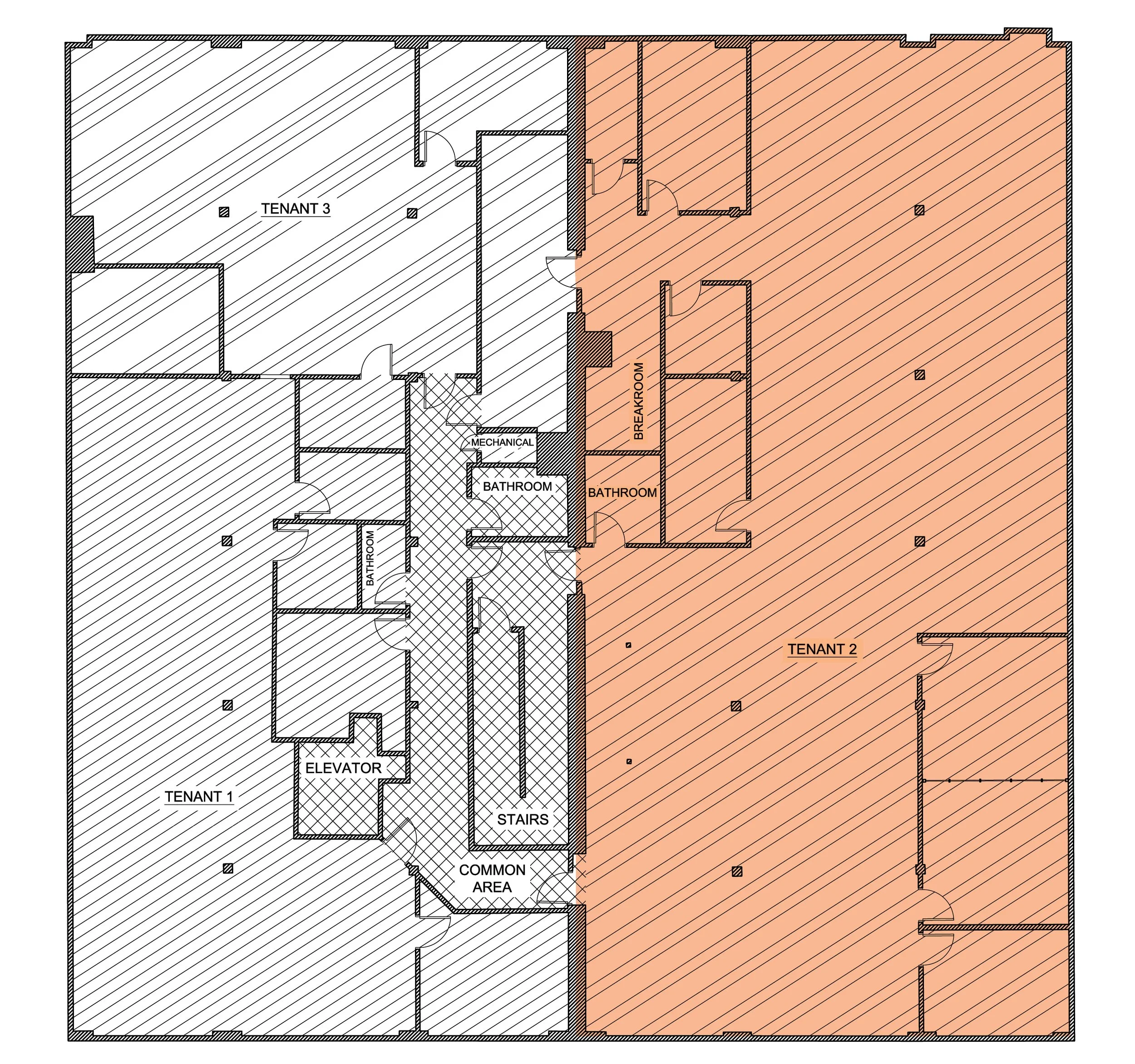 Floor plan of a building with three tenants, including shared facilities like bathrooms, a mechanical room, and a common area, with the second tenant's space highlighted in orange.