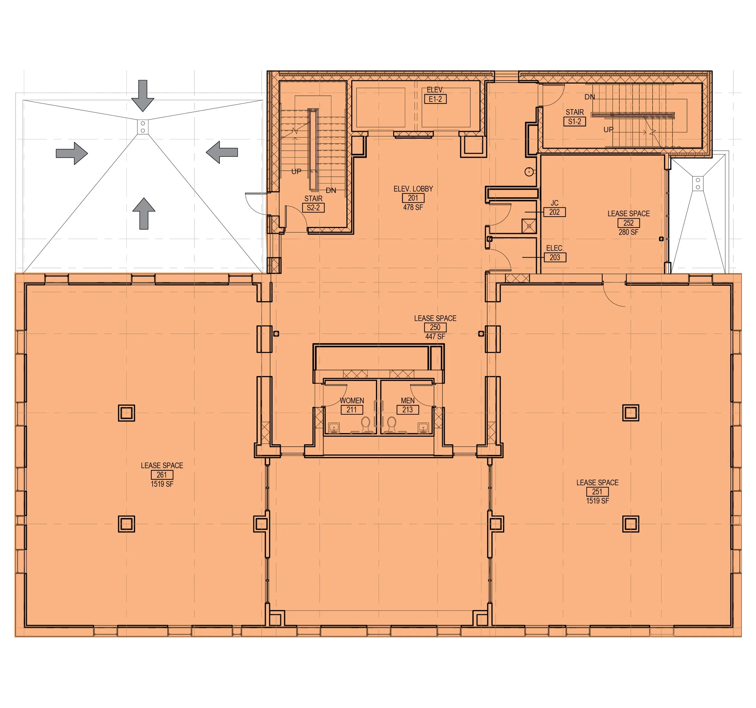 Architectural floor plan of a commercial building with multiple lease spaces, restrooms, staircases, an elevator, and designated areas for electrical and communication equipment.