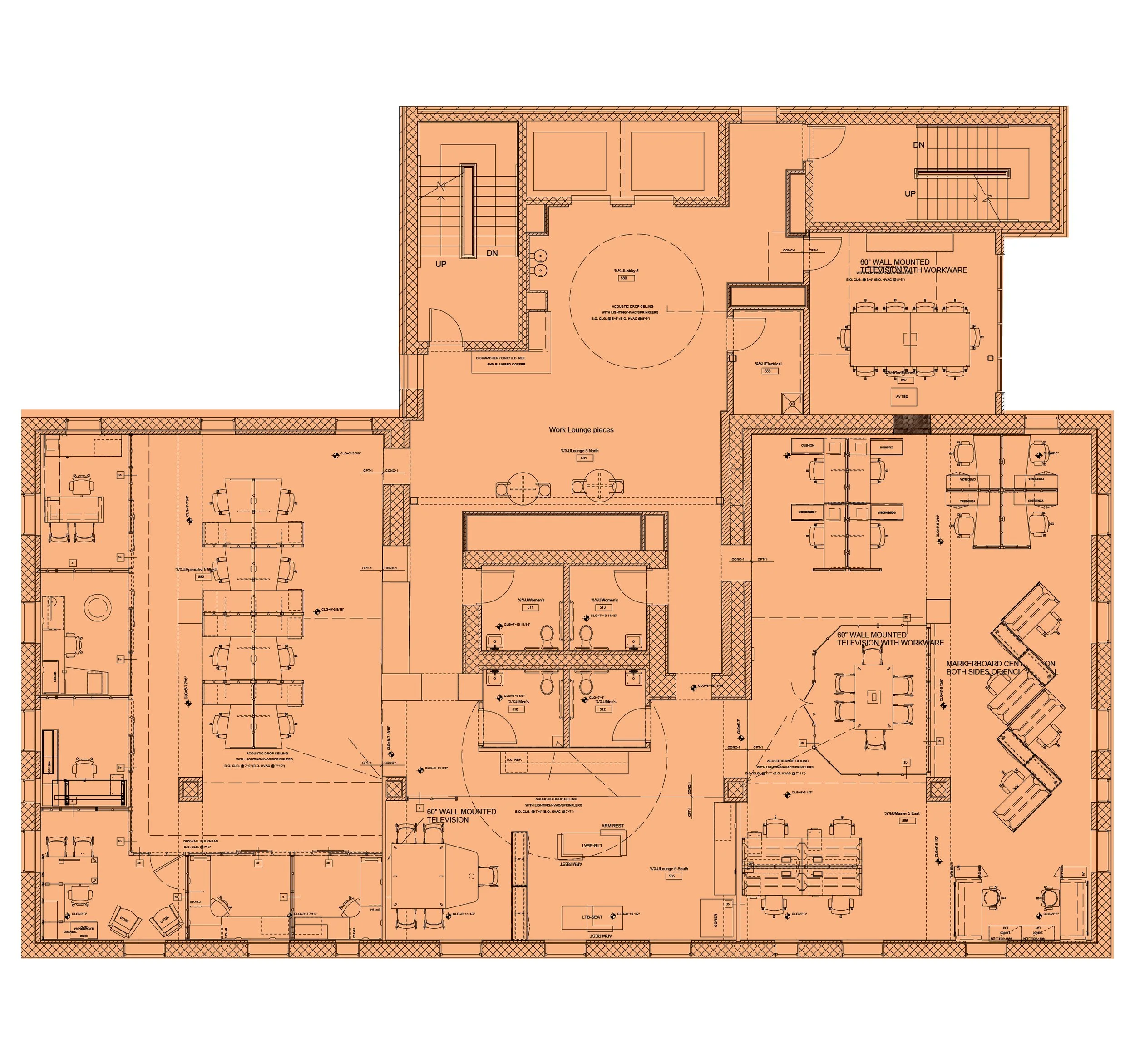 Architectural floor plan of an office space with various rooms, work lounge areas, conference rooms, and restrooms, all labeled with measurements and furniture arrangements.