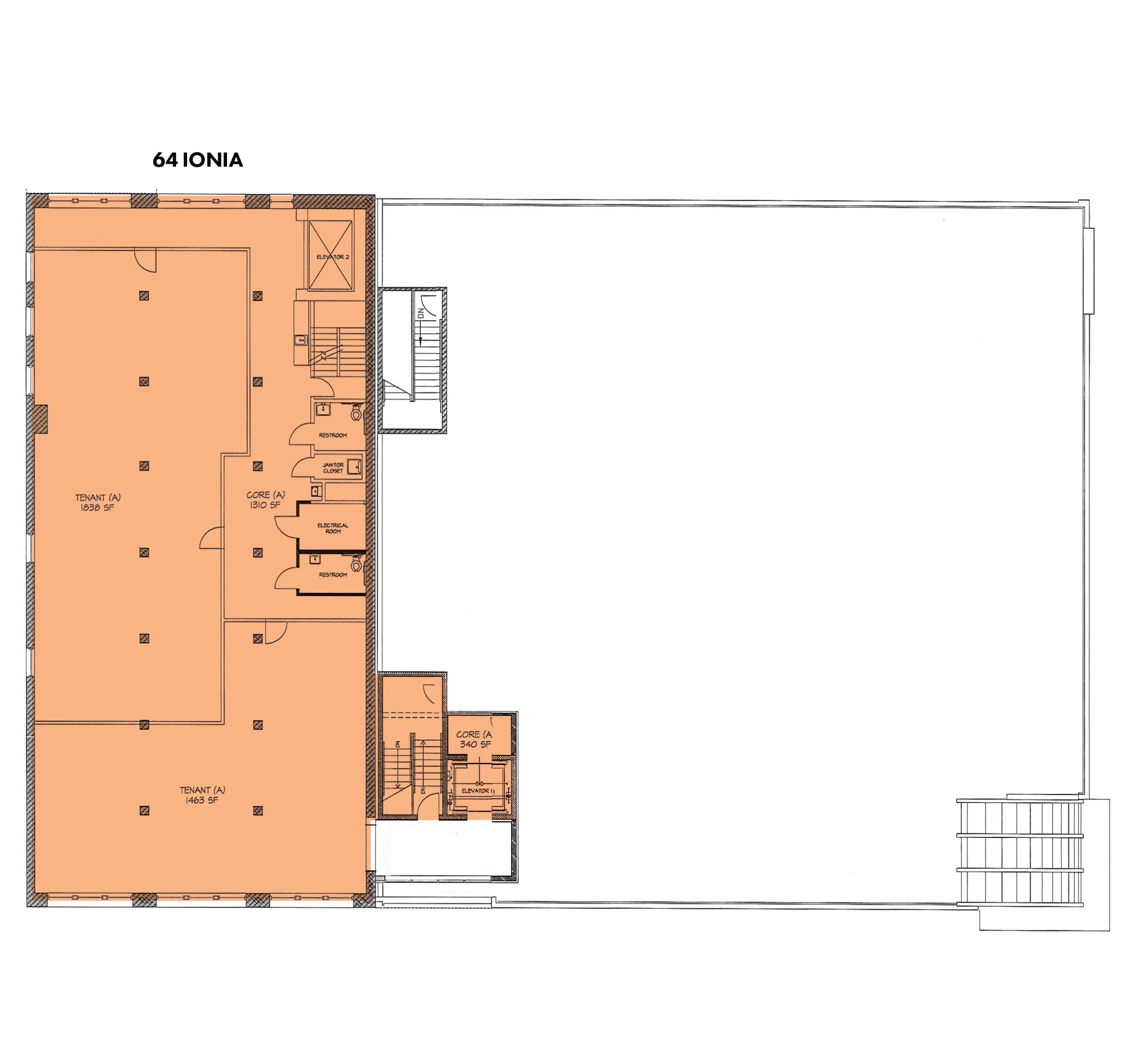 Architectural floor plan of a commercial building with spaces labeled for tenants, core, and utility rooms.