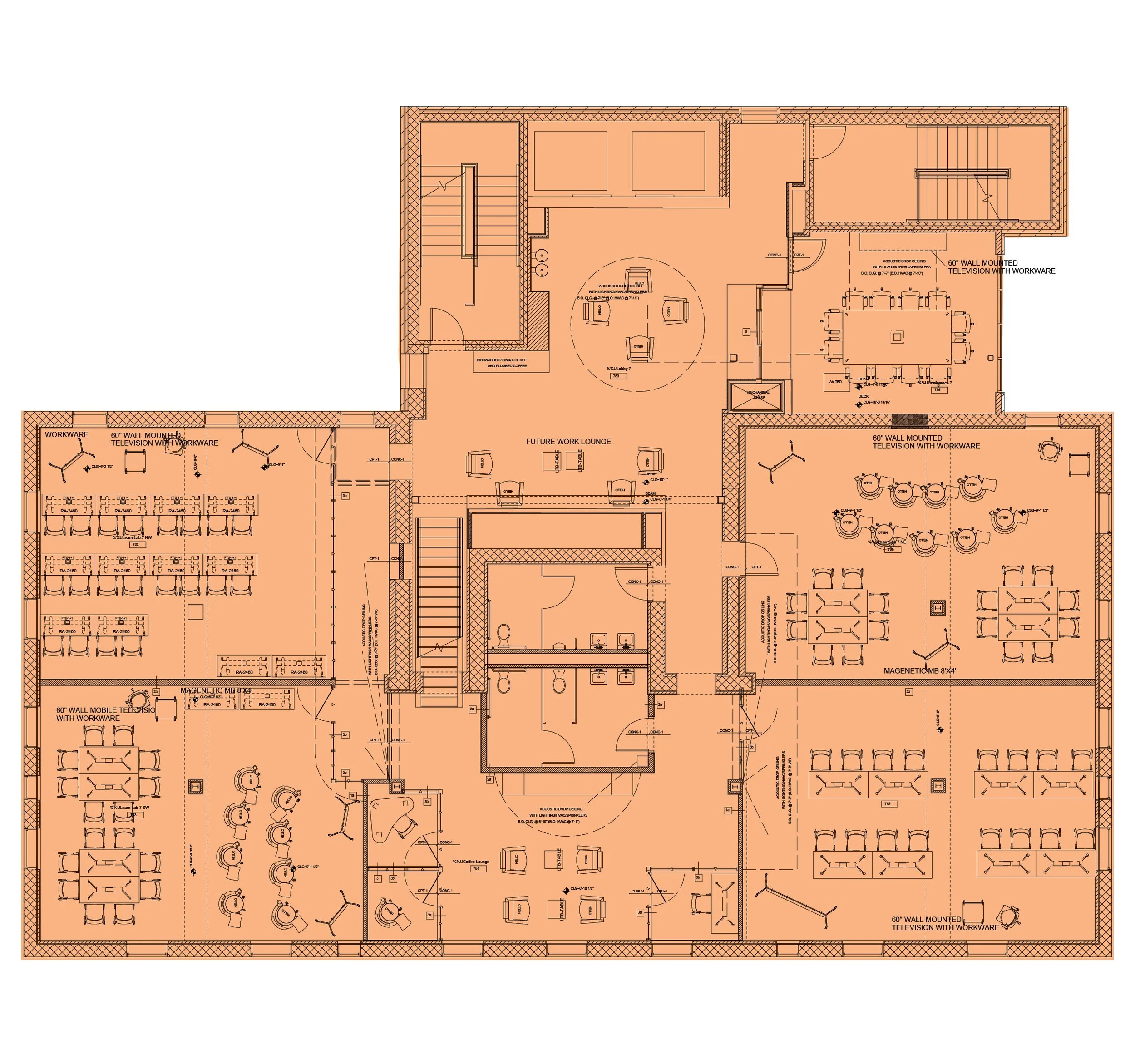 Floor plan layout of an office with multiple workspaces, conference rooms, and lounge areas.