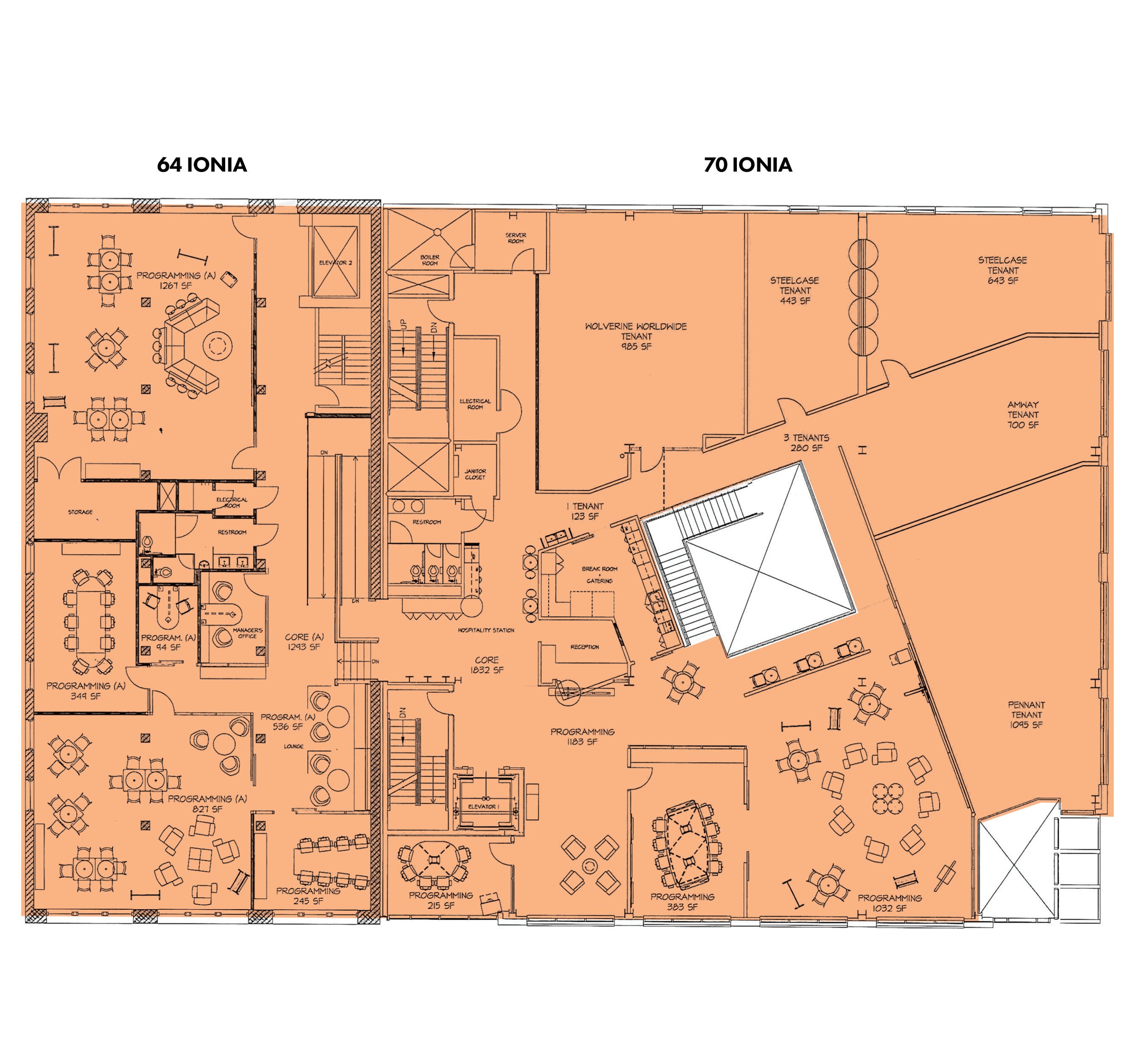 Floor plan of an office building highlighting rooms such as programming areas, conference rooms, reception, restrooms, and storage, with designated tenant spaces.