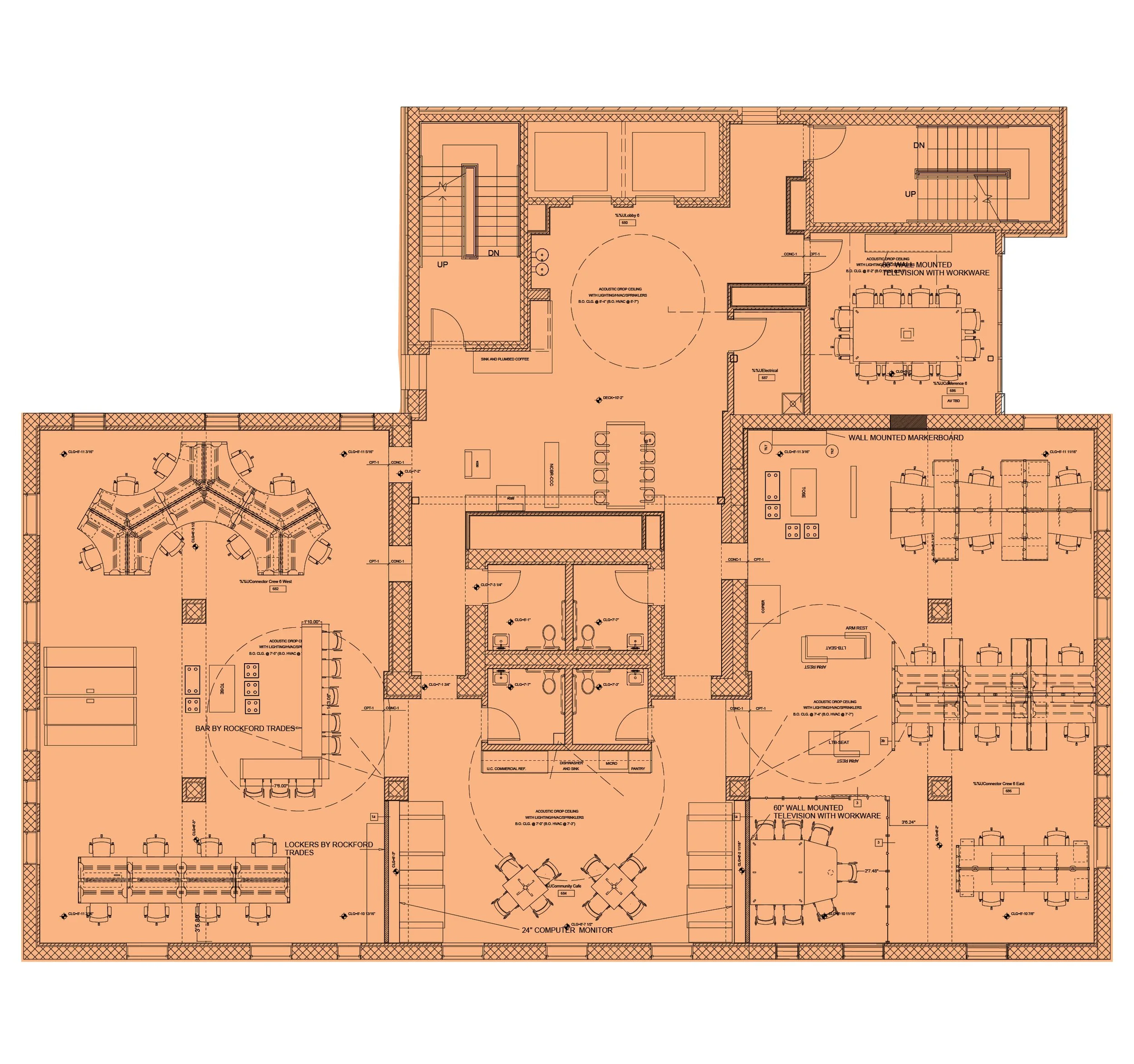 Architectural floor plan of an office space with designated areas for conference rooms, cubicles, a reception, bathrooms, and a kitchen.
