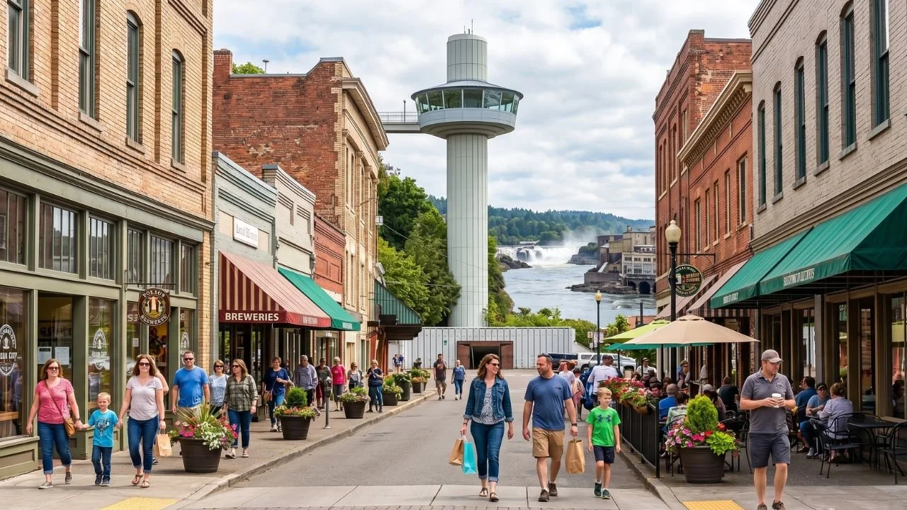 downtown oregon city oregon with people walking around