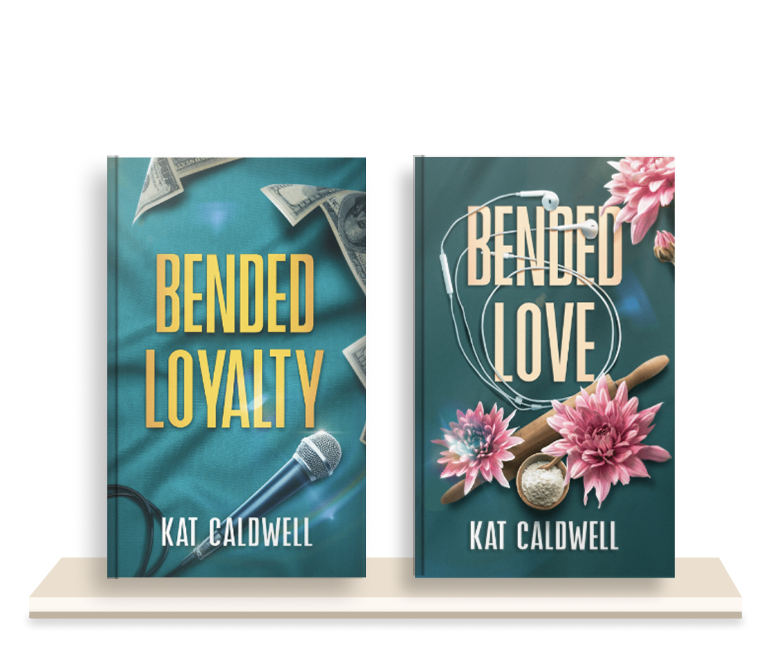 Two book covers. The left cover features a teal background with dollar bills and a microphone, with the title "BENDED LOYALTY" and the author's name Kat Caldwell. The right cover has a similar teal background with pink flowers, a rolling pin, a small bowl of flour, and earphones, with the title "BEANED LOVE" and the author Kat Caldwell.