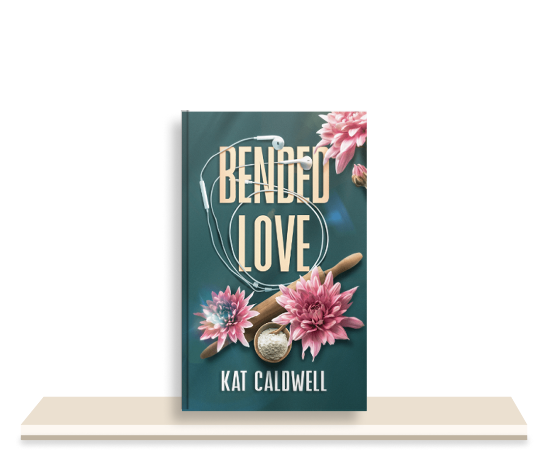 Book titled 'Bended Love' by Kat Caldwell with pink flowers, a rolling pin, a bowl of flour, and earphones on the cover.