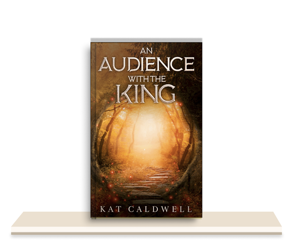 Book cover titled 'An Audience with the King' by Kat Caldwell, featuring a mystical forest scene with glowing light and red sparkles.