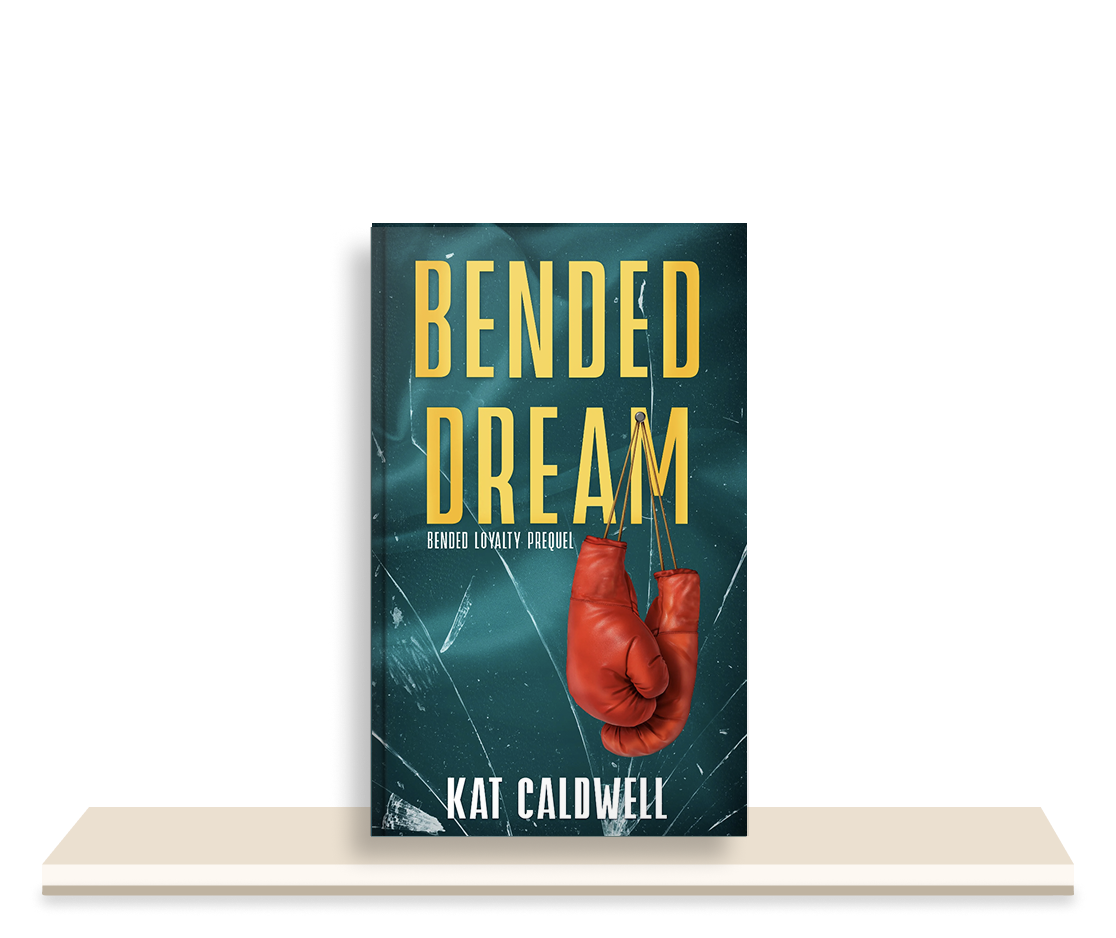 Book titled 'Bended Dream' by Kat Caldwell, featuring a broken glass background with a red boxing glove hanging.