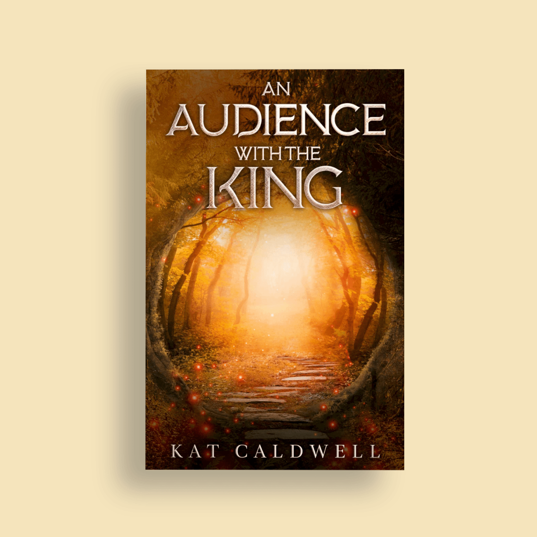 Book cover titled 'An Audience with the King' by Kat Caldwell, featuring a mystical forest scene with glowing light and red sparkles.