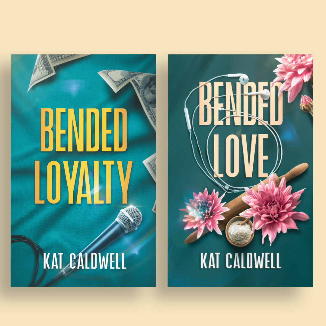 Two book covers. The left cover features a teal background with dollar bills and a microphone, with the title "BENDED LOYALTY" and the author's name Kat Caldwell. The right cover has a similar teal background with pink flowers, a rolling pin, a small bowl of flour, and earphones, with the title "BEANED LOVE" and the author Kat Caldwell.