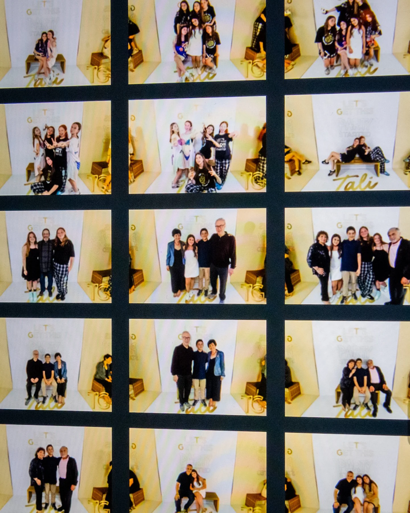 A contact sheet of photo booth pictures featuring groups of people, mostly women, posing in front of a backdrop with the words 'G Tali' and gold decorative elements.