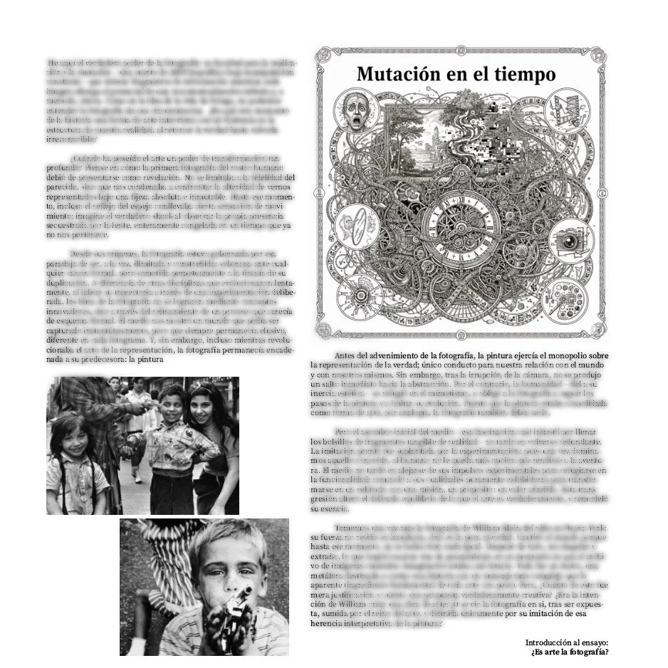 Página de un libro o artículo con el título 'Mutación en el tiempo', que incluye un complejo diagrama de engranajes y relojes en la parte superior y dos fotografías en la parte inferior, una de niños sonriendo y otra de un niño con expresión pensativa.