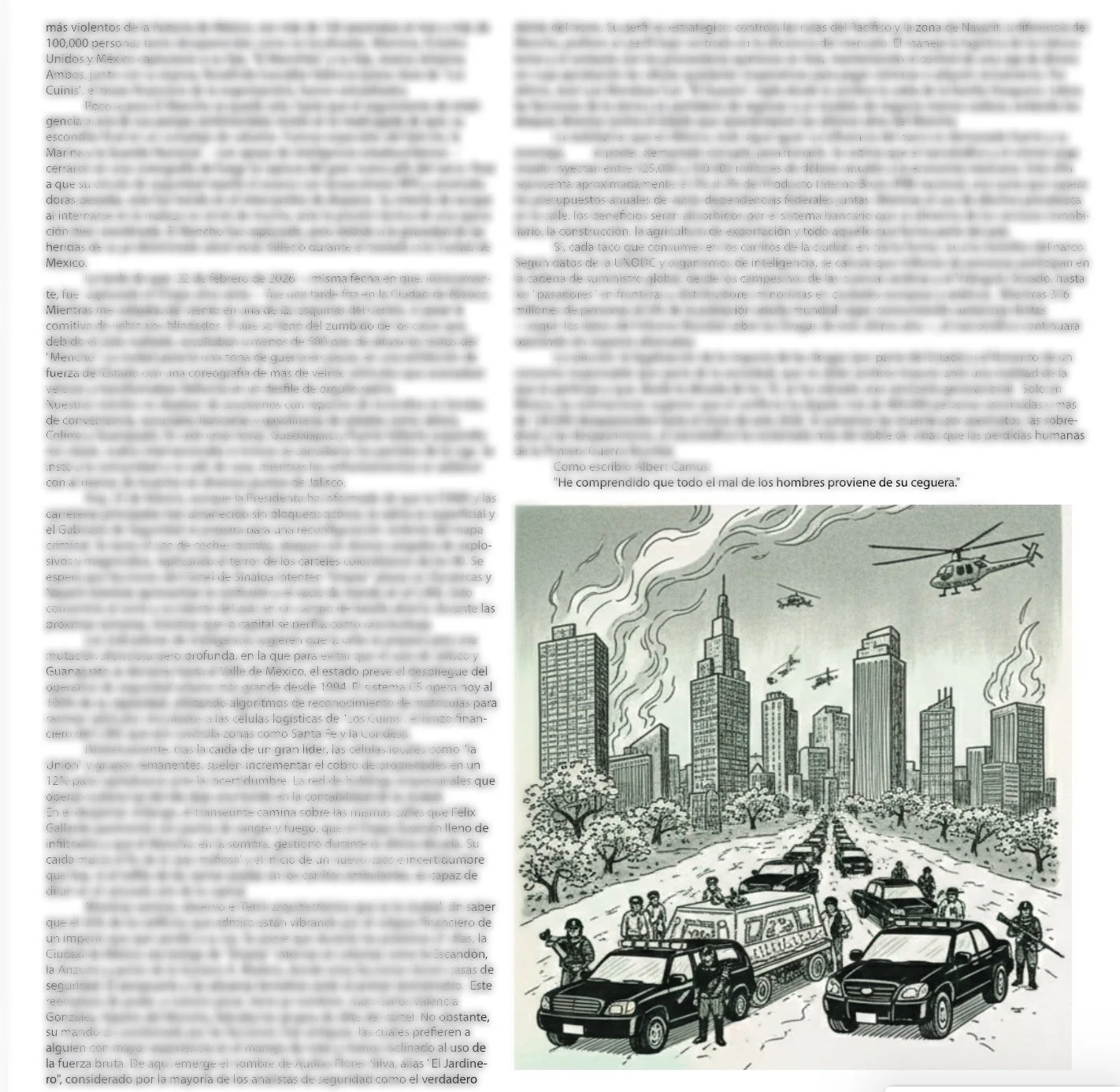 Ilustración en blanco y negro de una ciudad con varios edificios altos, humo saliendo de las chimeneas, y helicópteros en el aire. En primer plano, varias patrullas y policías, y personas caminando.