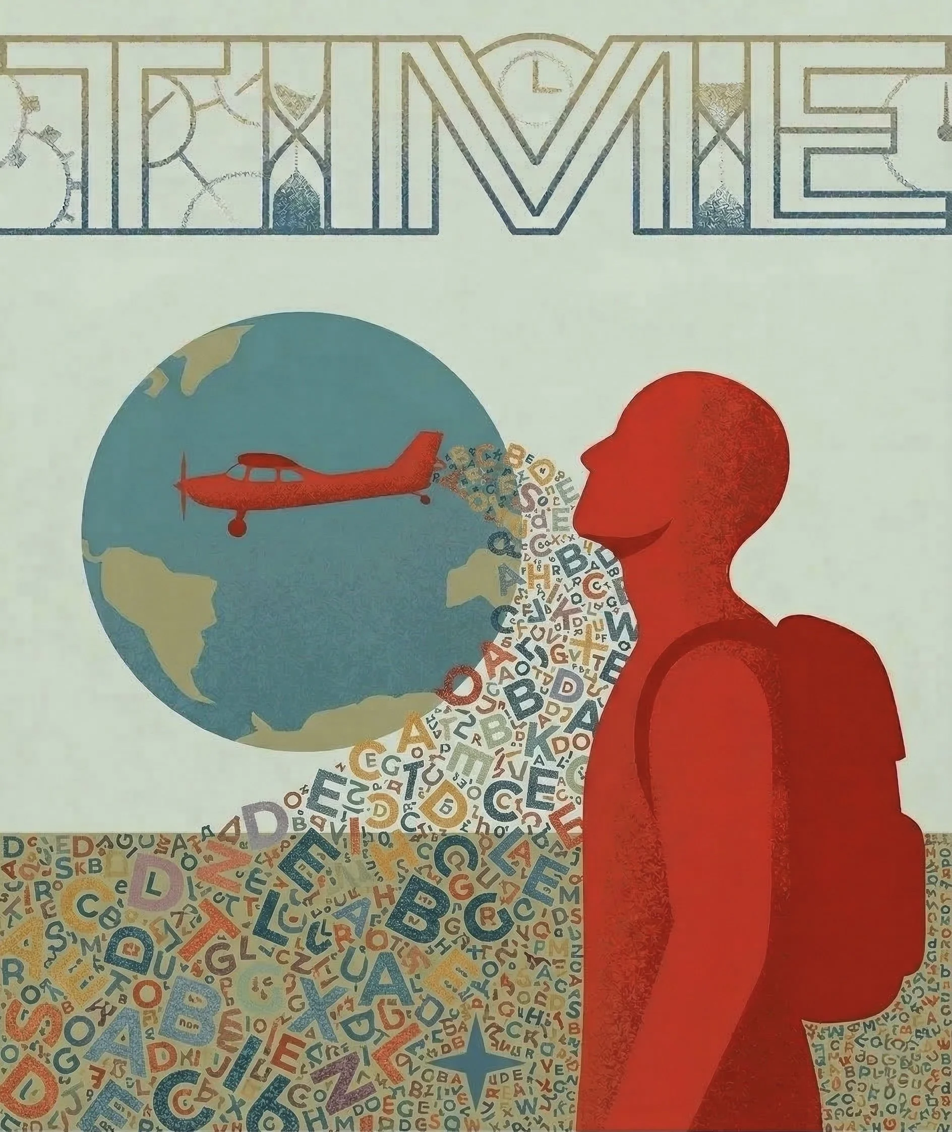 Ilustración de una figura humana formada por letras de diferentes colores y tamaños, con un globo terráqueo a su lado y un avión rojo que vuela sobre el planeta, y una silueta de persona en color rojo que parece estar respirando o hablando hacia las letras.