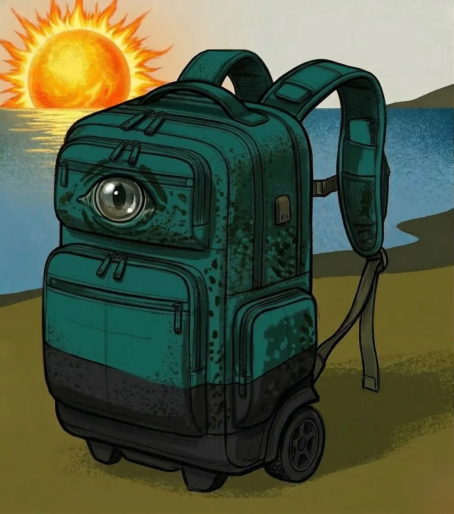 Mochila de color verde con un ojo en la parte frontal, frente a un atardecer en la orilla del mar.