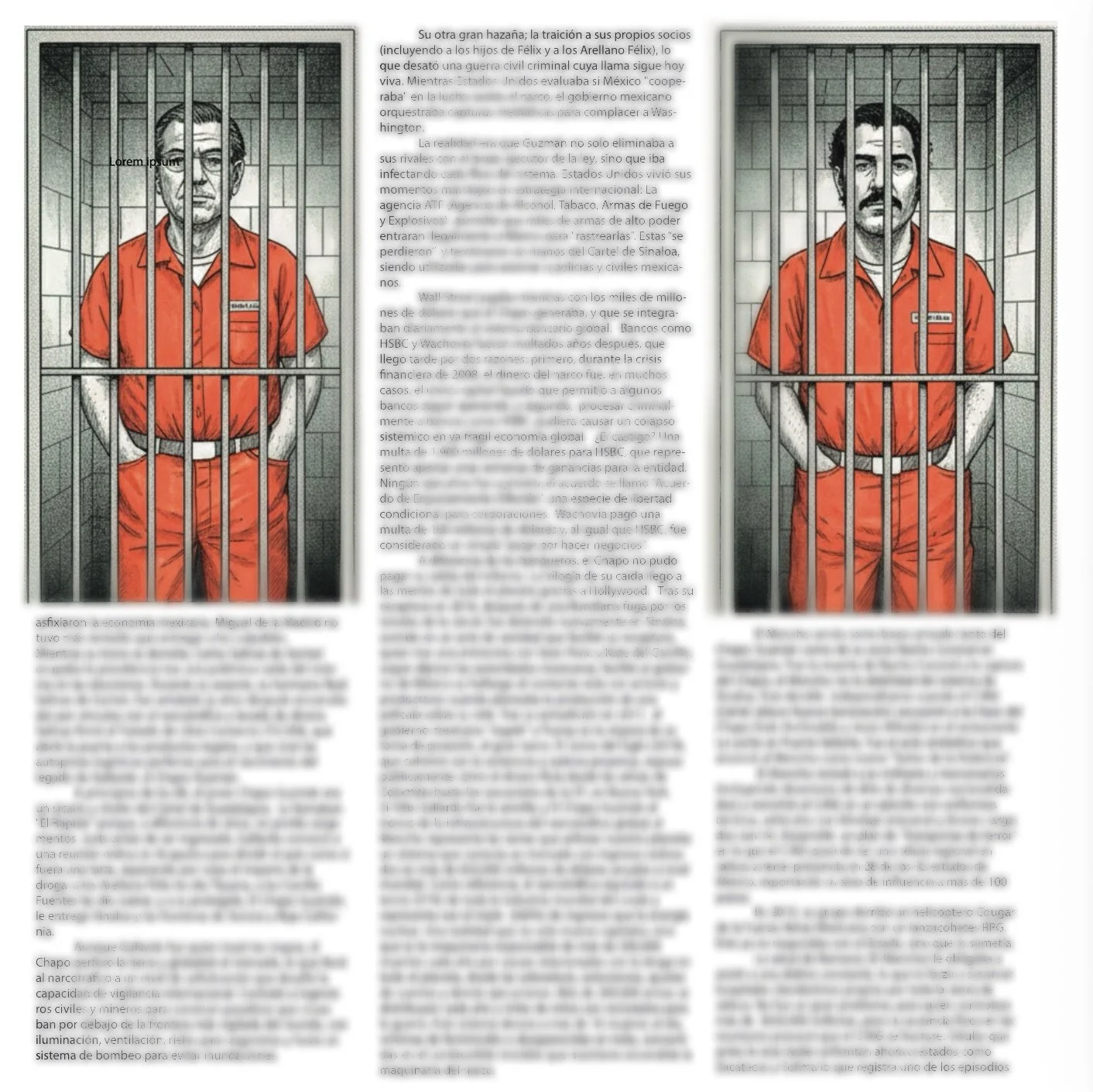 Dibujo de dos reclusos en prisiones con cadenas en las manos y rostro serio, vestidos con pantalones naranjas y camisetas del mismo color, en celdas con barrotes.