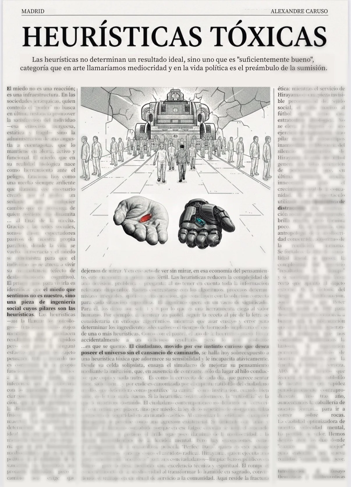 Ilustración de una mano humana con una pastilla roja y una mano robótica con una pastilla azul, en un fondo de mundo digital y una ciudad con una máquina en el centro.