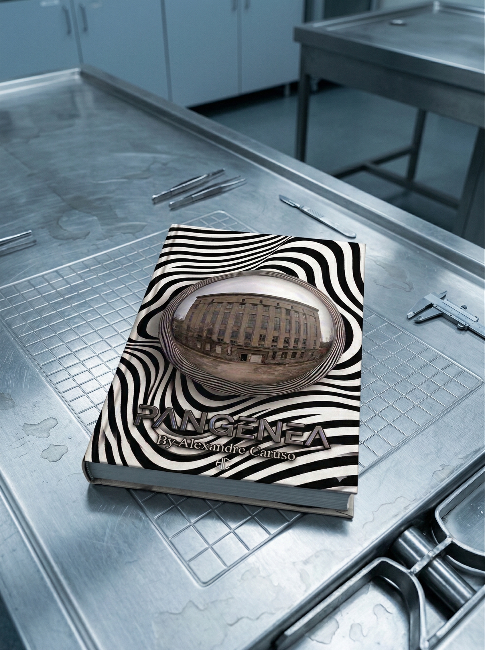 Libro titulado 'Rangëna' por Alexandre Carruso sobre una mesa de acero, con un objeto metálico reflectante y una superficie de acero en un ambiente de cocina o laboratorio.