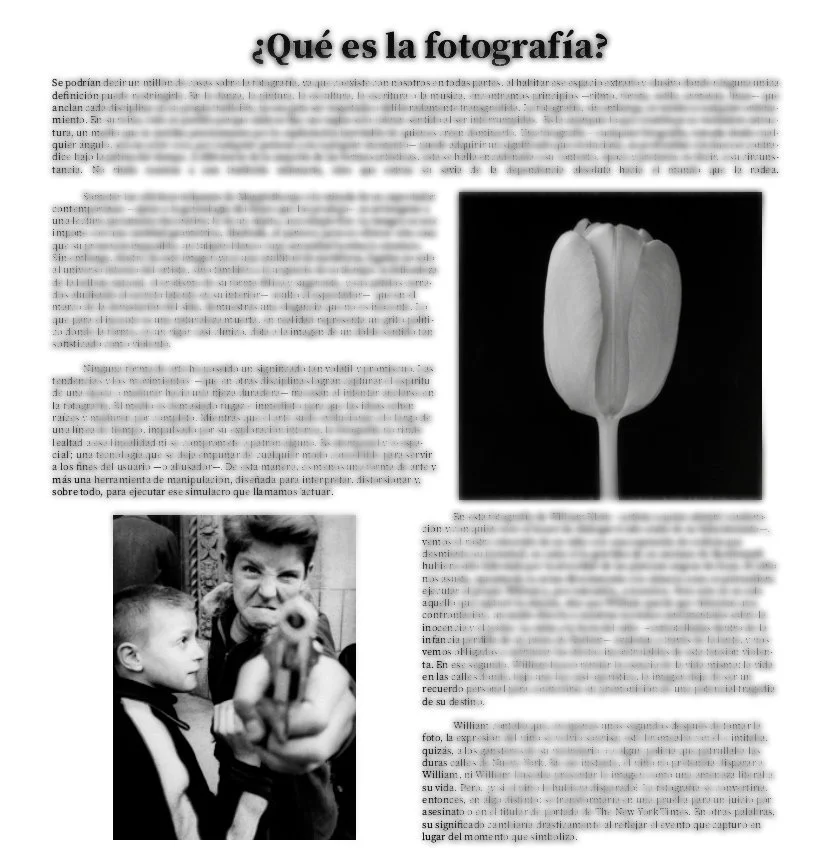 Página de un artículo titulado '¿Qué es la fotografía?' con una fotografía en blanco y negro de una rosa en el lado derecho y en la esquina inferior izquierda una imagen en blanco y negro de una mujer y un niño, ella sosteniendo un arma.