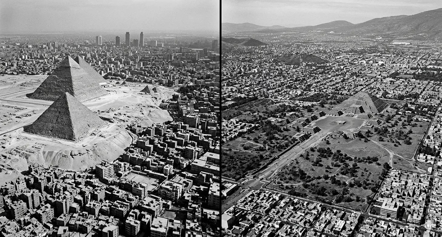 Comparación en blanco y negro de las Pirámides de Egipto y el Parque de Chapultepec en la Ciudad de México, vista aérea.
