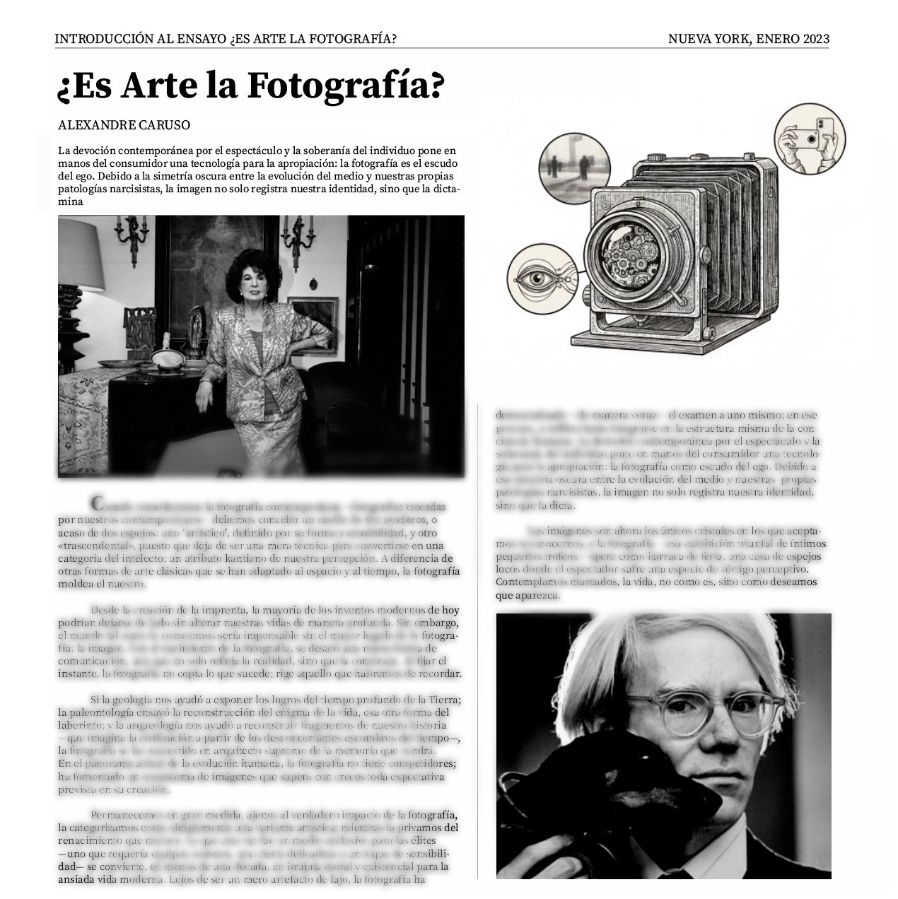 Página de un artículo de revista sobre fotografía, incluyendo una foto en blanco y negro de una mujer con cabello rizado, y un esquema técnico de una cámara antigua grande