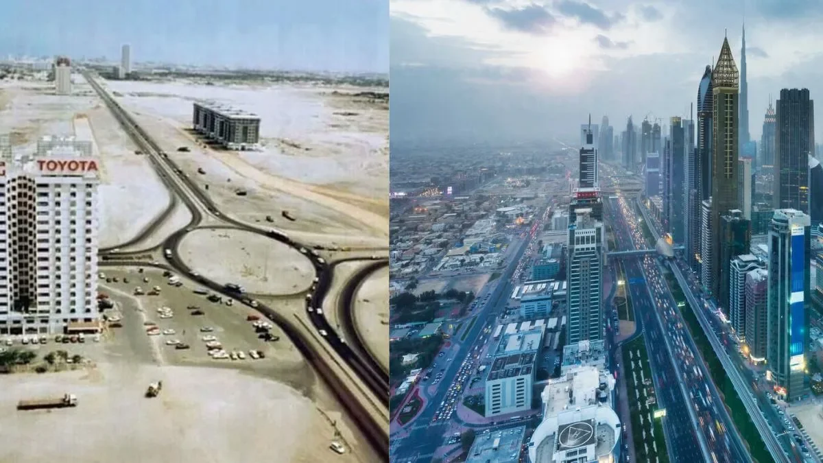 Transformación urbana de un paisaje desértico y en construcción a una ciudad moderna con altos edificios y calles llenas de tráfico