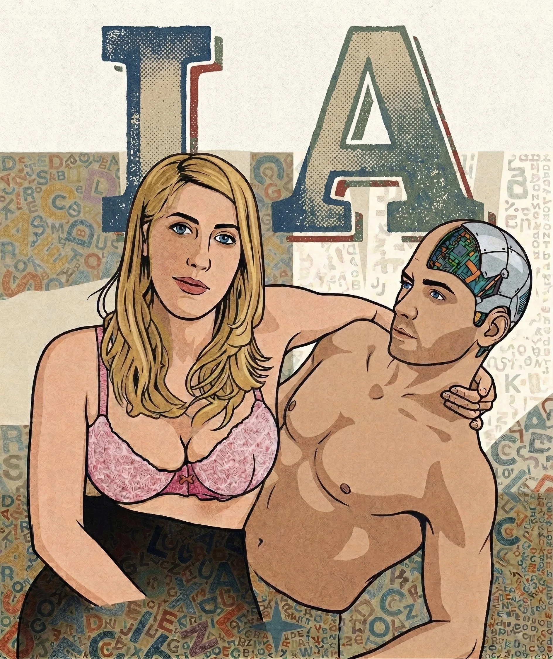 Una mujer con busto visible y un hombre sin camiseta con un implante cibernético en la cabeza, en una ilustración estilo cómic, con letras grandes que dicen 'I A T' en el fondo.