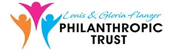 Logo for the Louis & Gloria Flanzer Philanthropic Trust featuring stylized human figures in orange, pink, and blue with the organization's name.