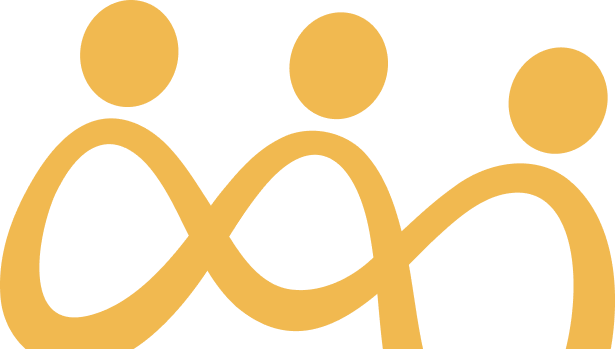 Gold-colored stylized icons of three people connected in a chain.