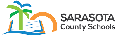 Logo of Sarasota County Schools with a stylized palm tree, sun, water, and an open book.