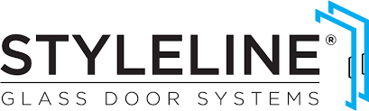 Logo of StyleLine Glass Door Systems showing text and a graphic of a blue glass door hinge.