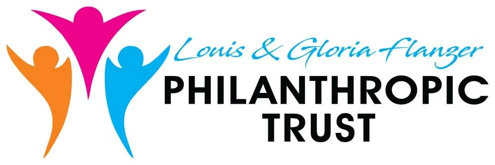 Logo of Louis & Gloria Flanzer Philanthropic Trust featuring three colorful abstract human figures in orange, pink, and blue, with the trust's name written in blue and black text.