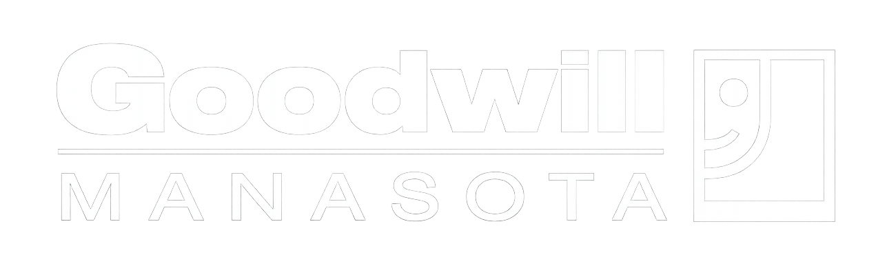 Logo for Goodwill Manasota with the word 'Goodwill' in bold letters, a line underneath, and 'MANASOTA' below it in smaller font. To the right is a stylized letter 'G' enclosed in a square.