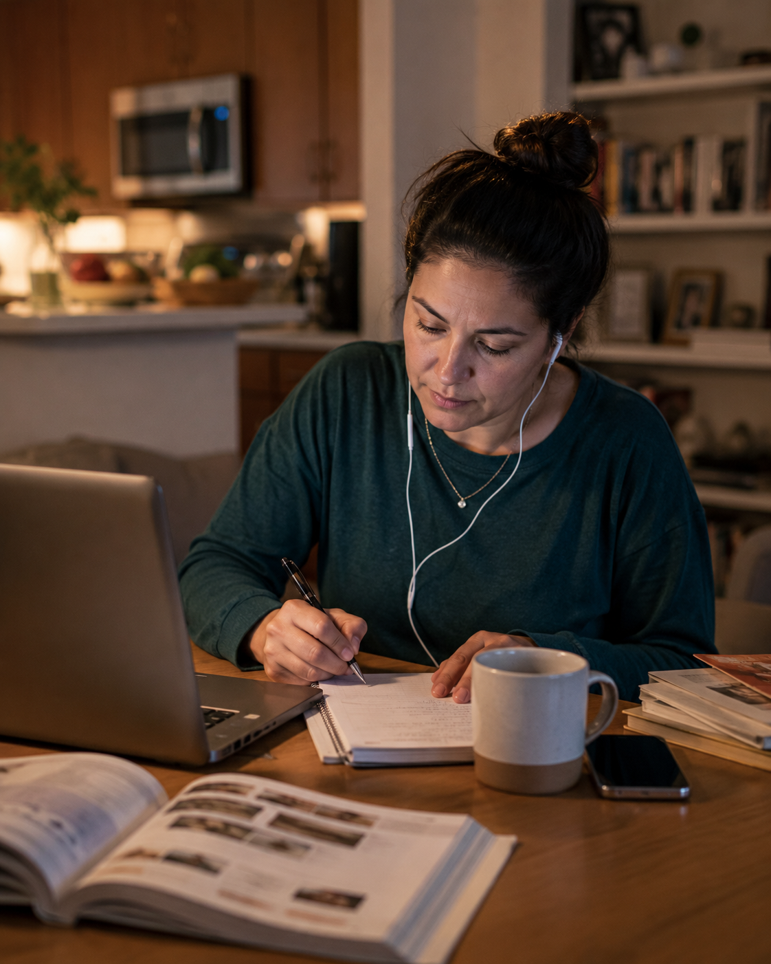 Woman studying at a wooden table with a laptop, open magazine, notebook, pen, smartphone, and a mug, wearing earphones inside a cozy, well-lit kitchen or dining area.