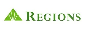 Logo of Regions bank with a green mountain-like icon and the word 'REGIONS' in green text
