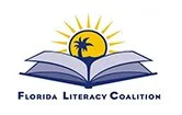 Logo of Florida Literacy Coalition featuring an open book, a sun with rays, a palm tree, and the organization’s name.