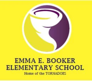 School emblem for Emma E. Booker Elementary School with a yellow background, white and purple tornado icon, and black text