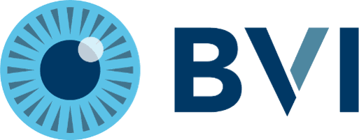 Close-up of a blue eye icon next to the letters 'BVI' in dark and light blue.