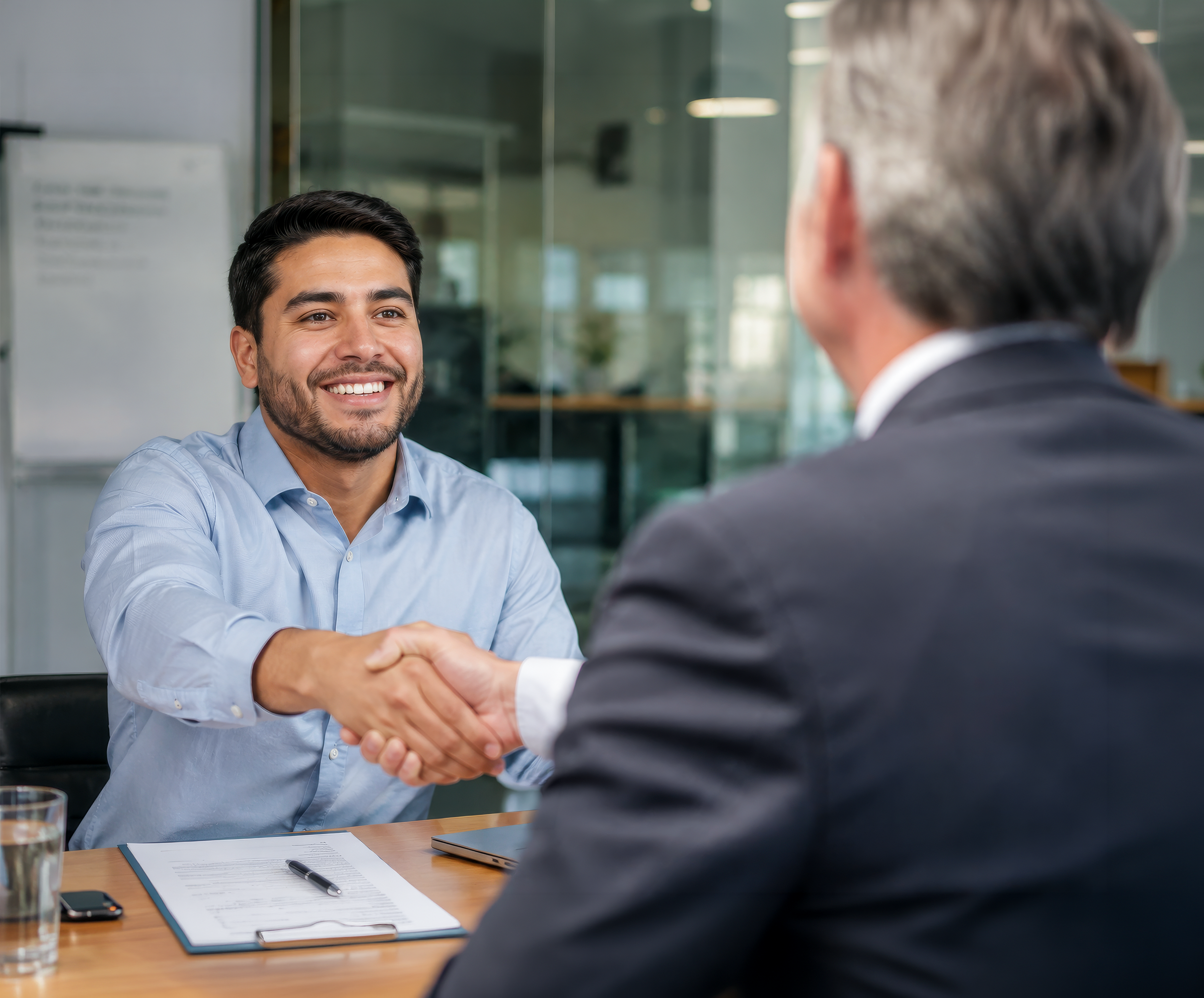 A young man with dark hair and a beard smiling and shaking hands with an older man with gray hair during a professional meeting or interview in an office setting.