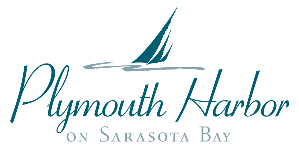 Plymouth Harbor logo with sailboat graphic and text 'Plymouth Harbor on Sarasota Bay'