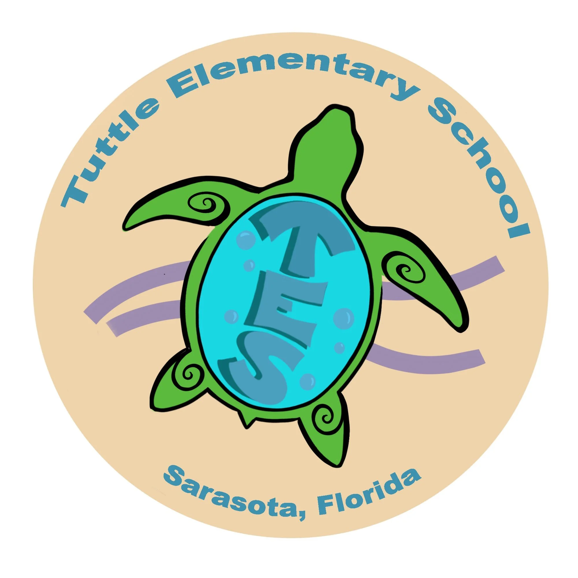 Circular badge with stylized plant with green leaves and blue roots, surrounded by the text 'Turtle Elementary School, Sarasota, Florida' in blue.