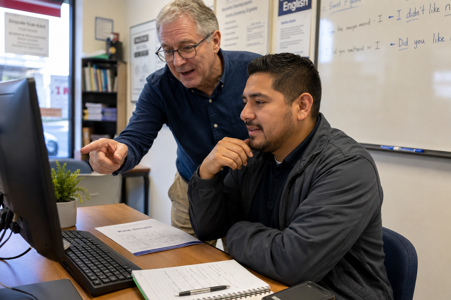 An older man with glasses points at a computer monitor while talking to a younger man with a beard, who is sitting at the desk, in a classroom or office setting with educational posters, books, and whiteboard in the background.
