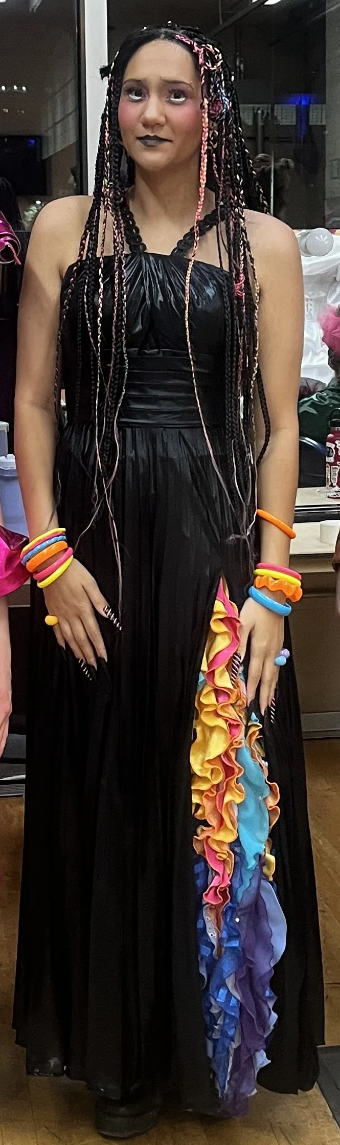 Adanya rocked a Tim Burton inspired makeup and wig look that complemented the licorice inspired dress so well.