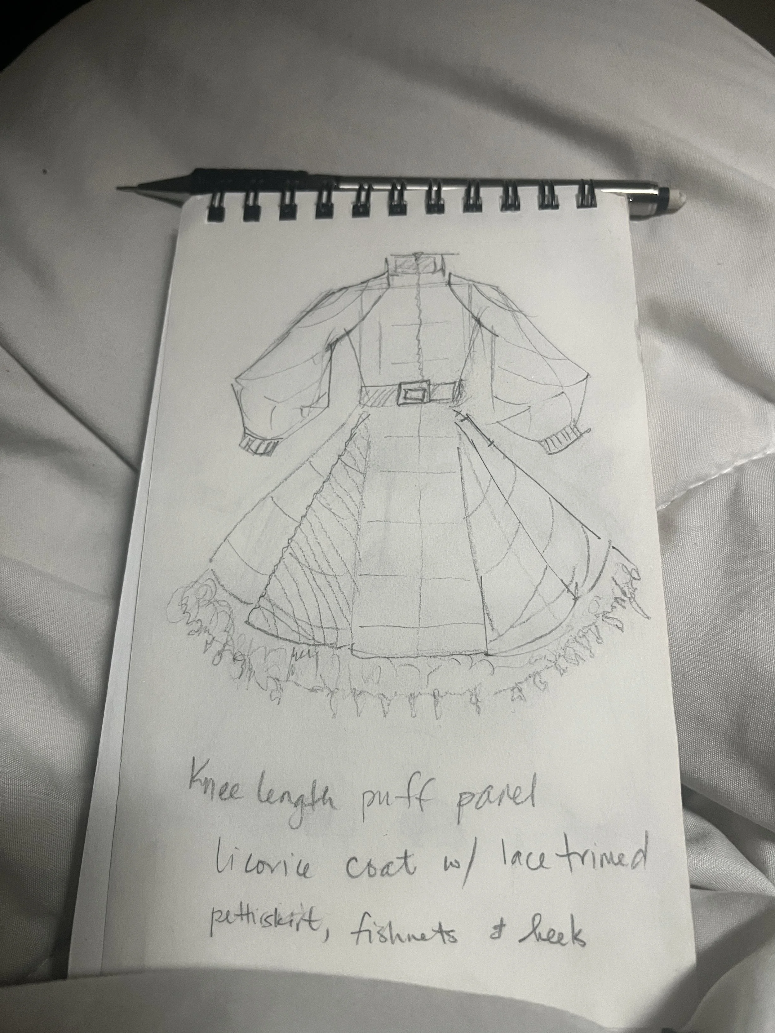 Unactualized- alternate licorice designs. A puffy coat with a party dress underneath.